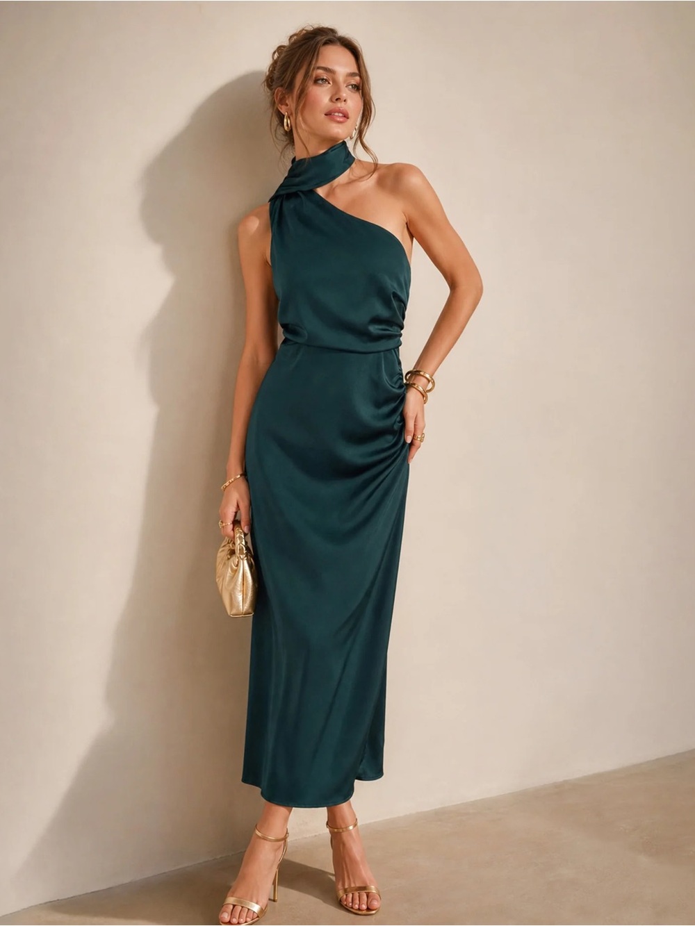 Rihoas One-Shoulder Teal Satin Maxi Dress